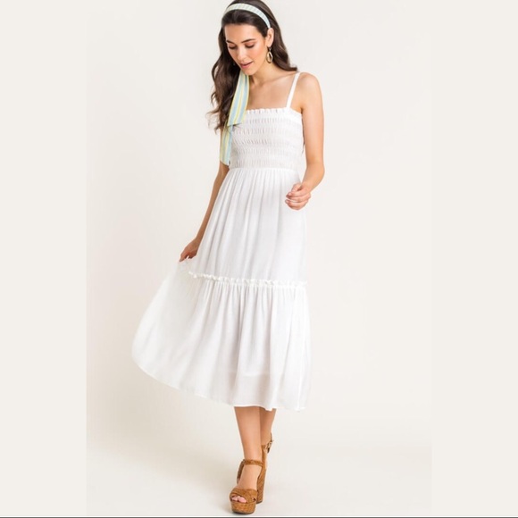 White Smocked Tiered Midi Dress - Picture 3 of 7